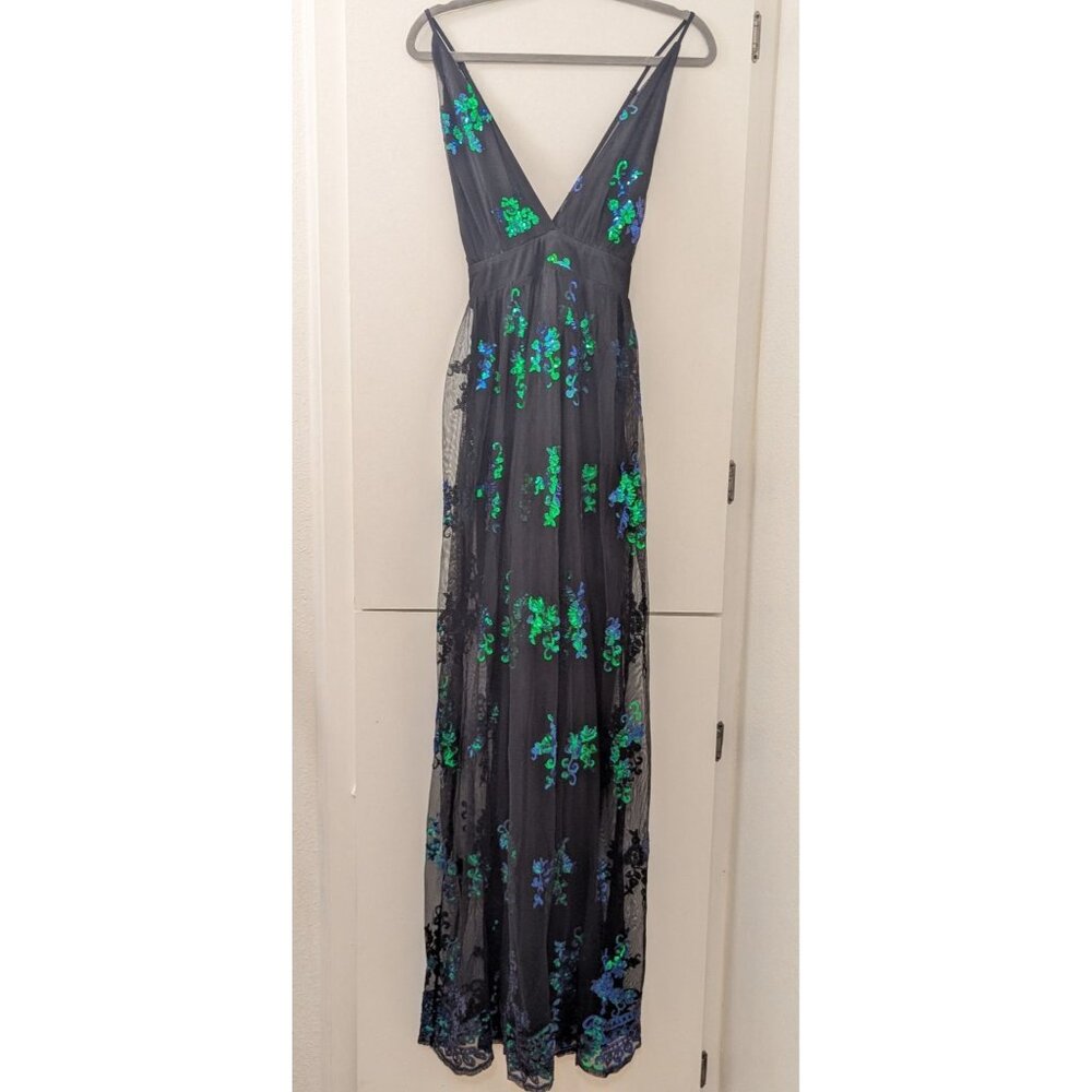 Black Maxi Dress With Sequin Embellished Green & Blue Floral By Love & Lemonade